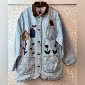 Vintage 90s Sunbelt Women’s L Denim Bird Birdhouse Flower Chore Coat Jacket